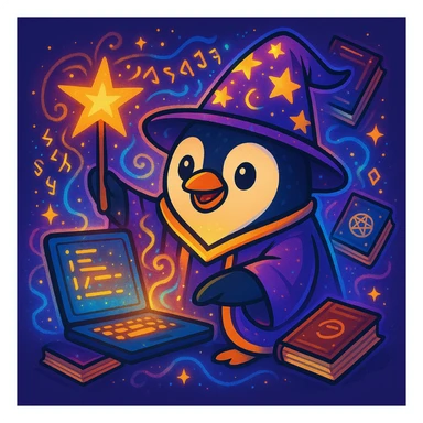 Make the penguin wizard scene even more magical, with glowing runes, swirling sparkles, floating spellbooks, and a shimmering aura around the penguin and laptop. Enhance the magical atmosphere with vibrant mystical effects. sticker