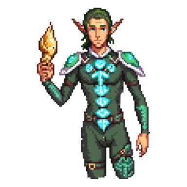 elf male Short wetsuit-style garb, glowing runes on skin, holding a conch horn. sticker