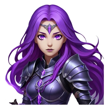 A mysterious warrior girl with long, flowing purple hair catching the dim light. Her glowing violet eyes stare forward, unwavering. She wears sleek black armor, adorned with silver runes that pulse faintly with hidden power. A dark mist swirls at her feet, hinting at the energy she commands. sticker