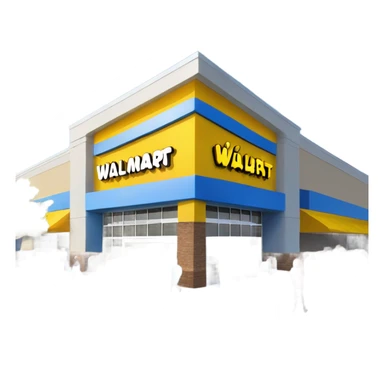 “Exterior of a Walmart store with the sunburst logo above the entrance, blue facade with yellow accents, large sliding glass doors, and shopping carts lined up outside, capturing the look of a busy retail supercenter.” sticker