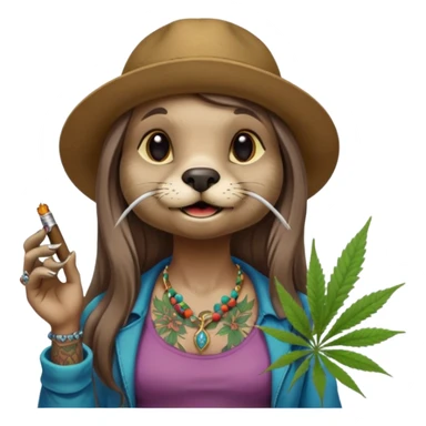 a female otter with long hair smoking a joint surrounded by marijuana fumes. a bit california hippy vibe, with tattoos and piercing sticker