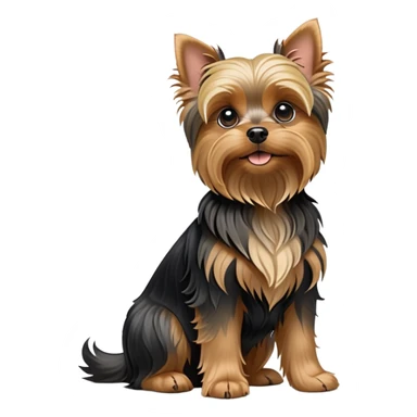 cinematic-[yorkshire terrier]-realistic-full-body-sitting-emoji,-tail-resting-loosely-beside-its-paws,-head-tilted-dramatically,-wavy-[black and tan-fur,-simplified-yet-realistic-focused-features,-highly-detailed,-glowing-with-an-almost-sarcastic-glow sticker