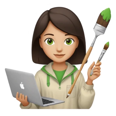 happy Graphic designer whit a MacBook, him eyes green color and dark brown hair, he is paint artist sticker
