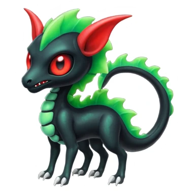 Evil horned glowing scary spooky Obsidian-black and neon-glowing-green skeletal Meloetta-Salandit-Nargacuga-Zygarde-Pokémon-Fakémon-creature-fusion-hybrid with glowing crimson-red evil slit eyes sticker