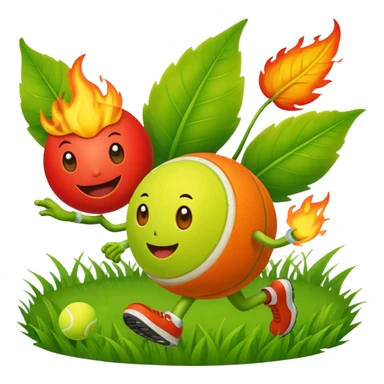 cartoon characters from bfdi, including a leaf, fire, and tennis ball, happily running in a grassy field sticker
