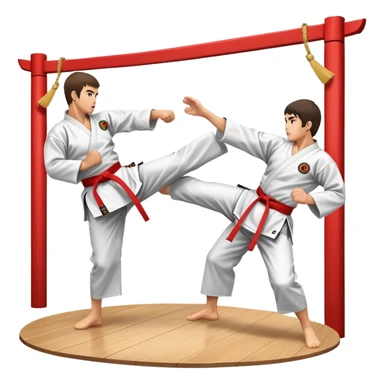 Two karate fighters in traditional gi sparring. One executes a high kick aimed at the opponent’s head, while the other blocks with a strong hand defense. The background features a classic dojo with wooden flooring and banners. Dynamic motion and focused expressions. Transparent background. sticker
