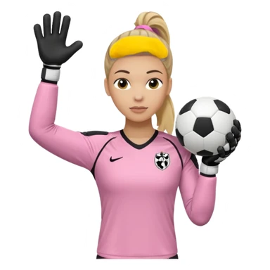 Make a dirty blonde football goalkeeper with goalkeeper gloves on. light skinned and wearing a light pink football kit. Wearing one ponytail on back of head. Make it without the whole body. With full sleeves. No RUGBY BALL JUST BLACK AND WHITE BALL. Holding ball under armpit. Other hand hanging down sticker