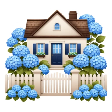 Brown house, white shutters, white fence, blue hydrangeas all over sticker