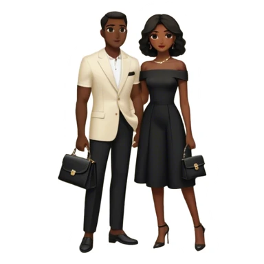 the man dressed in all black, and the woman in an elegant off-shoulder cream-colored outfit with a matching handbag. The background features a textured stone wall, an iron window, and lush greenery, adding a timeless, vintage charm to the scene. Arabic couple  sticker
