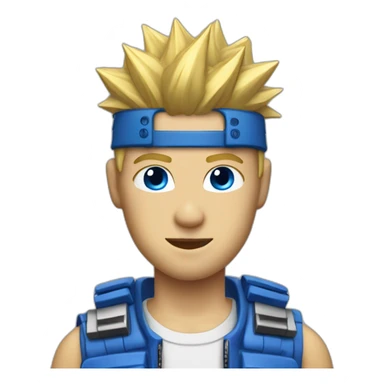 guy with blonde spiked hair, motherboard visor, blue supreme shirt and wink-blink face sticker