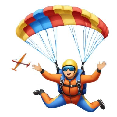 Colorful emoji. A skydiver free-falling through the sky, with a brightly colored parachute open above them. The background features a vast blue sky dotted with fluffy clouds, birds soaring nearby, and a plane flying off in the distance, emphasizing the thrill and freedom of the sport. sticker