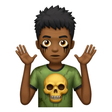 crie um zumbi menino bonito, com aparencia jovem igual, com cabelo preto, curto, com franja, o estilo do cabelo do zumbi seria o mesmo dos meninos de cabelo liso bagunçado do pinterest, faça ele com uma camisa preta sticker