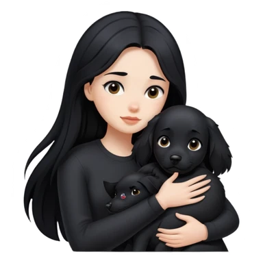 A girl with long black hair wearing black clothes hugs a black dog tightly sticker
