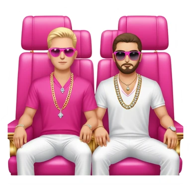 Celebrity millionaire entrepreneur Branden Condy & Alex Hormozi, designer fit, 3 diamond tennis chains, seated on a massive gold throne, sunglasses on, hot pink private jet behind him sticker