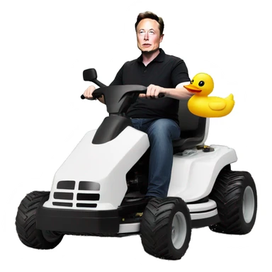 Elon musk riding a lawnmower on the moon with a rubber duck as the steering wheel sticker