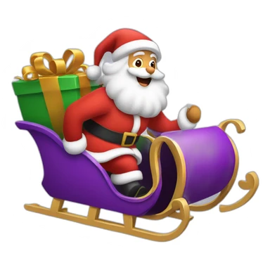 Santa Claus dressed in purple running with his sleigh and reindeer to deliver presents sticker
