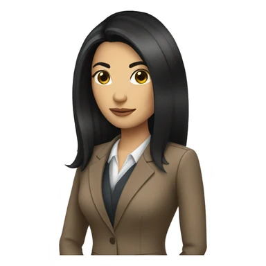 Female defense attorney with long black hair with brown suit sticker