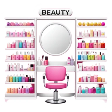 big beauty salon showcase with well-organized brand-labeled beauty products on a white shelves, emoji style, with a nearby hairstylist chair in pink color and a big mirror, more products sticker