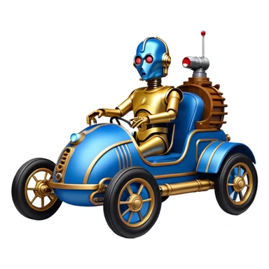  tarnished blue neon underglow C-3PO ghost buster 1964 delicately ornate rosegold wood accents Model-T bucket barrel powered by electric motors and batteries with racing safety belts while flying rapidly roughening terrain stable on strong agile advanced suspension and steering sticker