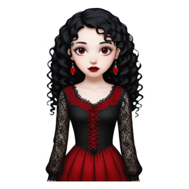 A girl with a red goth vampire look in a black and red goth lace dress with long sleeves and long black curly hair bold look on her face sticker