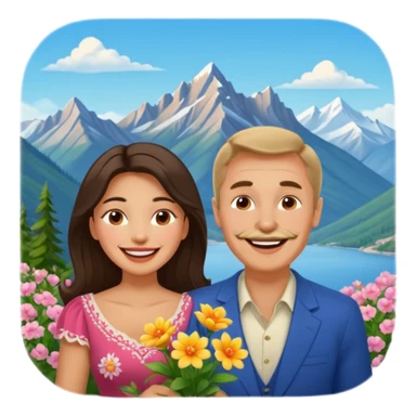 Laughing Couple traveling in Montenegro russian man and elegant  Latina girl delicate flowers and mountains in the background sticker