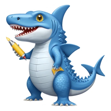 Appearance: The character is predominantly blue with a lighter belly and yellow eyes.
Features: It has large teeth, a shark-like fin on its back, and a tail.
Attire: The crocodile is wearing a pair of light blue and white sneakers.
Pose: It is standing upright on its hind legs. sticker
