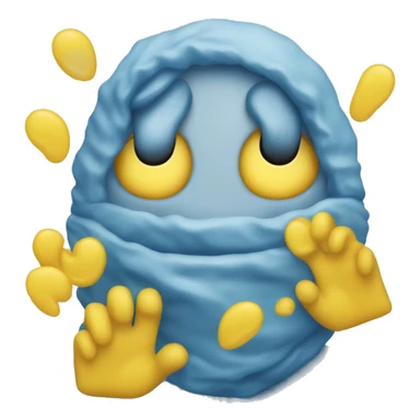 a blue freezing face emoji but its thawing back to the standard emoji yellow color and has a big smile sticker