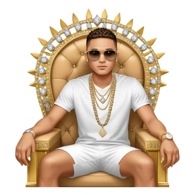 Celebrity millionaire entrepreneur Josh King Madrid, designer fit, 3 diamond sparkling tennis chains, seated on a massive gold throne, sunglasses on, lightskin tan tone, diamond sparkle earrings, private jet behind him sticker