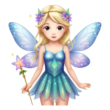 Cute fairy girl with delicate wings, sparkly wand, floral dress, and magical glitter sticker