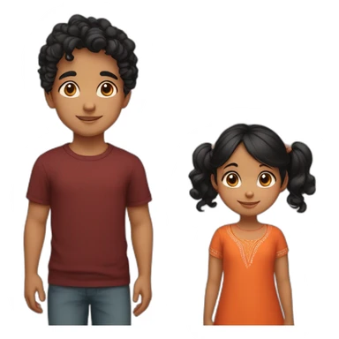 smiling 3 years old indian girl with black curly hair in pigtails wearing a orange dress with a smiling 3 years old white skin indian boy with straight black hair wearing a dark red sweater sticker