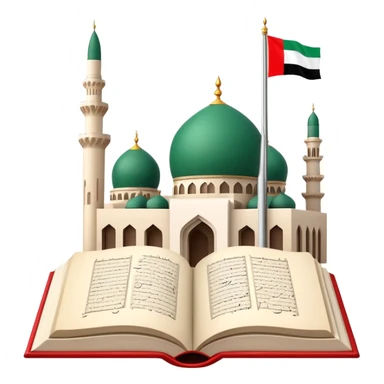 An icon featuring the mosque and the flag of United Arab Emirates, symbolizing the Arabic language. The design includes an open book with Arabic script and calligraphy, representing language learning and cultural heritage. Transparent background sticker