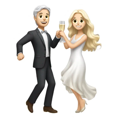 a white boy with gray hair and a girl with long blond wavy hair dancing with a glass of champagne sticker