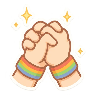 chibi sticker-style pair of clasped hands with sparkles and rainbow bracelets, cute and exaggerated sticker