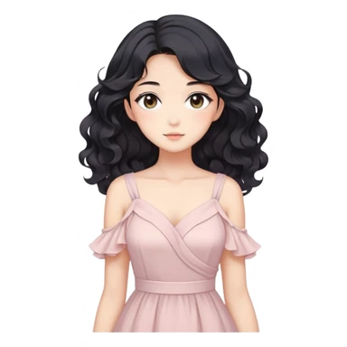 Gorgeous anime lady with elegant black wavy hair wearing a soft flowy feminine dress in pastel colors sticker