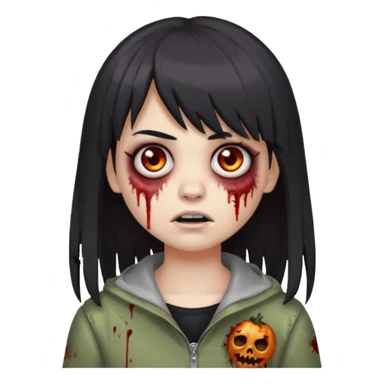 zombie emoji 🧟‍♀️ dark hair long her shoulders bangs emo and ragged haircut gray eyes sticker