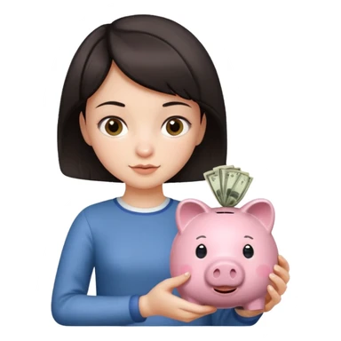 Девушка с тёмными короткими волосами с копилкой в руках складывает в неё деньги  sticker