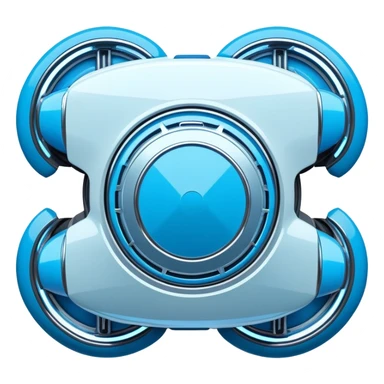 Top-down view of futuristic retro hover car with angular design and glowing blue wheels, flat vector style, minimal color palette with blue highlights sticker