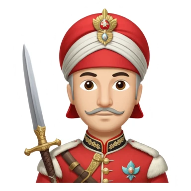 Ottoman janissary in red army dress holding a sword had a white cap sticker