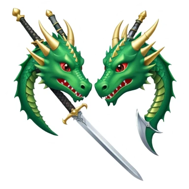 stylized green dragon head and medieval sword facing each other, sword with classic knight hilt and wide blade, simple bold sticker