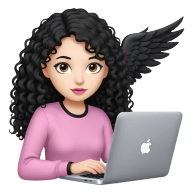 a girl typing mac book with long black curly hair and brown eyes with winged black eyeliner, pink shirt sticker