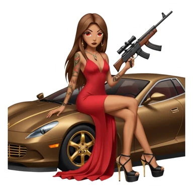 Lilith tan skinfemale red eyes symbol. Tattoo arms. Her hair is brown straight long hair.wearing sexy long  erotic dress with slit. black stiletto platform high heels shoes on. Sitting on gold giant luxury car with cash surrounding her. She is holding a sniper rifle in one hand cash in other hand sticker