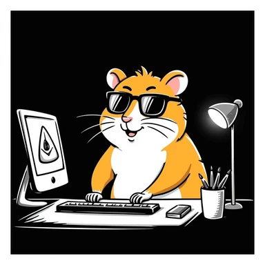 unique, colorful, mature, modern, highly realistic hamster with cool glasses, creating a design or making animations, showing creative action, hand-drawn look, solid black background sticker