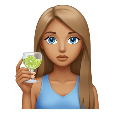 tan woman, long light brown straight hair, grey blue eyes, holding a shot with lime sticker