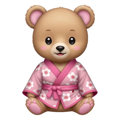 A cute baby bear character in pastel style, standing upright like a human. 
Light brown soft fur, large round ears, rounded paws and feet. 
Big cute black dot eyes, medium blush cheeks, and a tiny smiling mouth. 
Wearing a pink kimono with soft cherry blossom patterns on the sleeves and bottom,  sticker