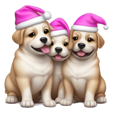 3 happy fat puppies with pink Christmas hat sticker