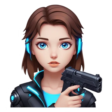 Neon cyberpunk style 
girl with brown hair and blue eyes 
shoots sticker