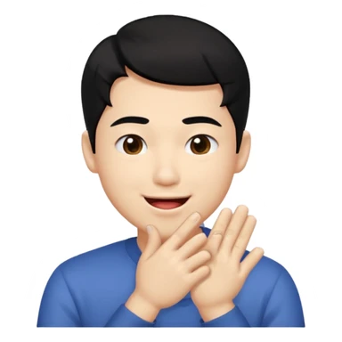 Asia guy black hair side part rubbing hand together and smirking with tongue out on the side a bit little eye and hands together sticker