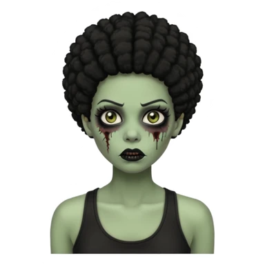 a female zombie with sage green skin, black afro hair, eyelashes and a black tank top sticker
