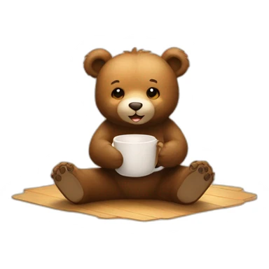Cute bear sitting on floor with a cup of tea motioning for viewer to sit next to him sticker