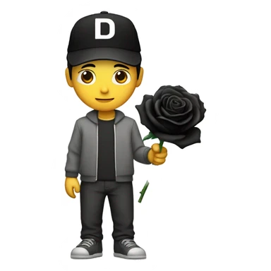 an asian man stands still with a "D" written cap holds a black rose sticker